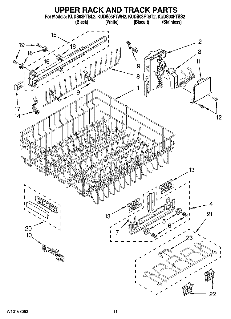 UPPER RACK AND TRACK PARTS Diagram and Parts List for KUDS03FTBT2  KitchenAid Dishwasher