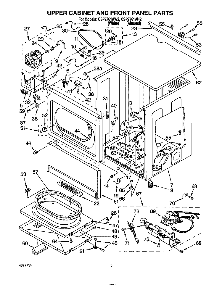 UPPER CABINET AND FRONT PANEL Diagram and Parts List for CSP2761AN2  Whirlpool Dryer