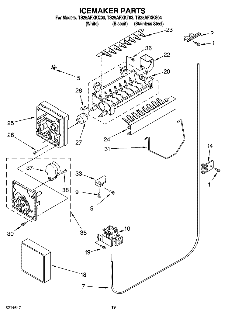 ICEMAKER PARTS, OPTIONAL PARTS Diagram and Parts List for TS25AFXKQ03  Estate Refrigerator
