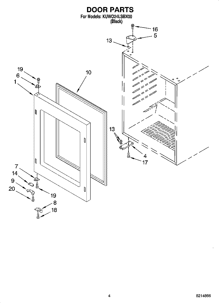 DOOR PARTS Diagram and Parts List for KUWO24LSBX00  KitchenAid Wine and Beverage Cooler