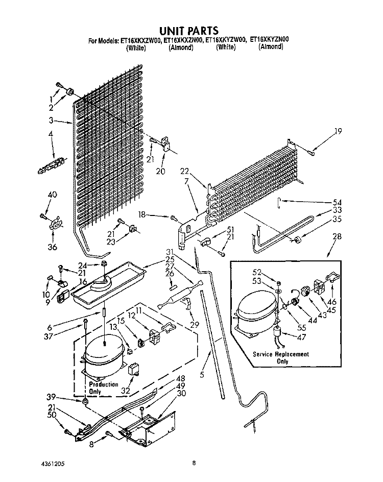 UNIT Diagram and Parts List for ET16XKYZN00  Whirlpool Refrigerator