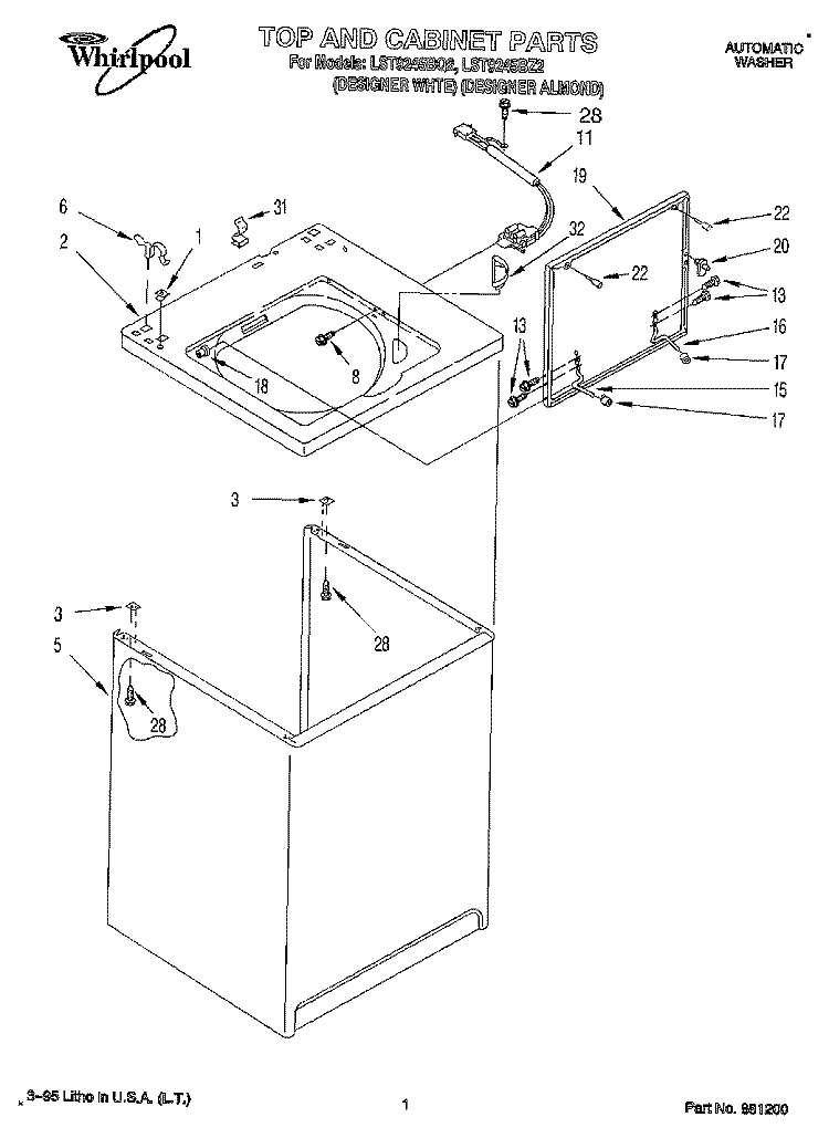 TOP AND CABINET, LIT/OPTIONAL Diagram and Parts List for LST9245BZ2  Whirlpool Washer