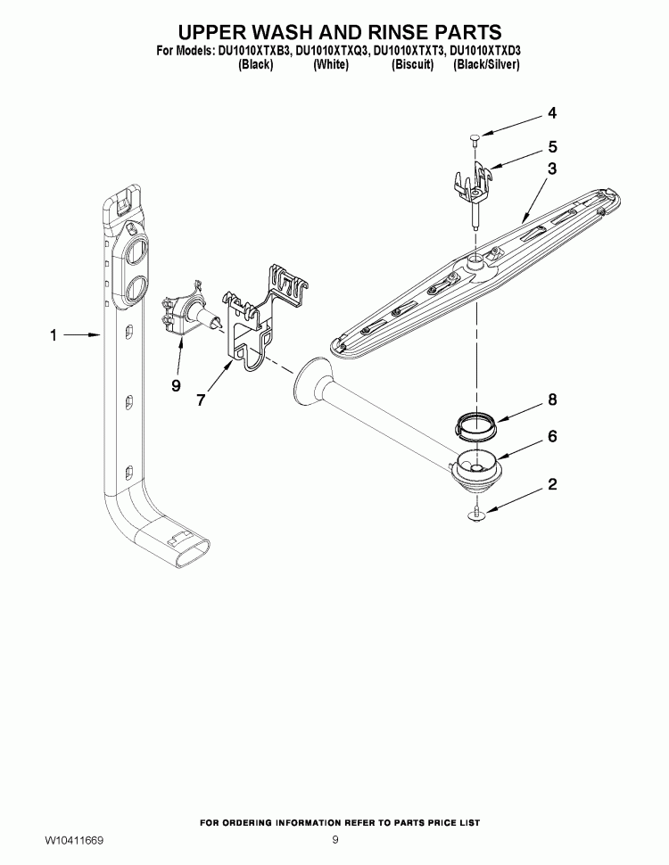 UPPER WASH AND RINSE PARTS Diagram and Parts List for DU1010XTXD3  Whirlpool Dishwasher