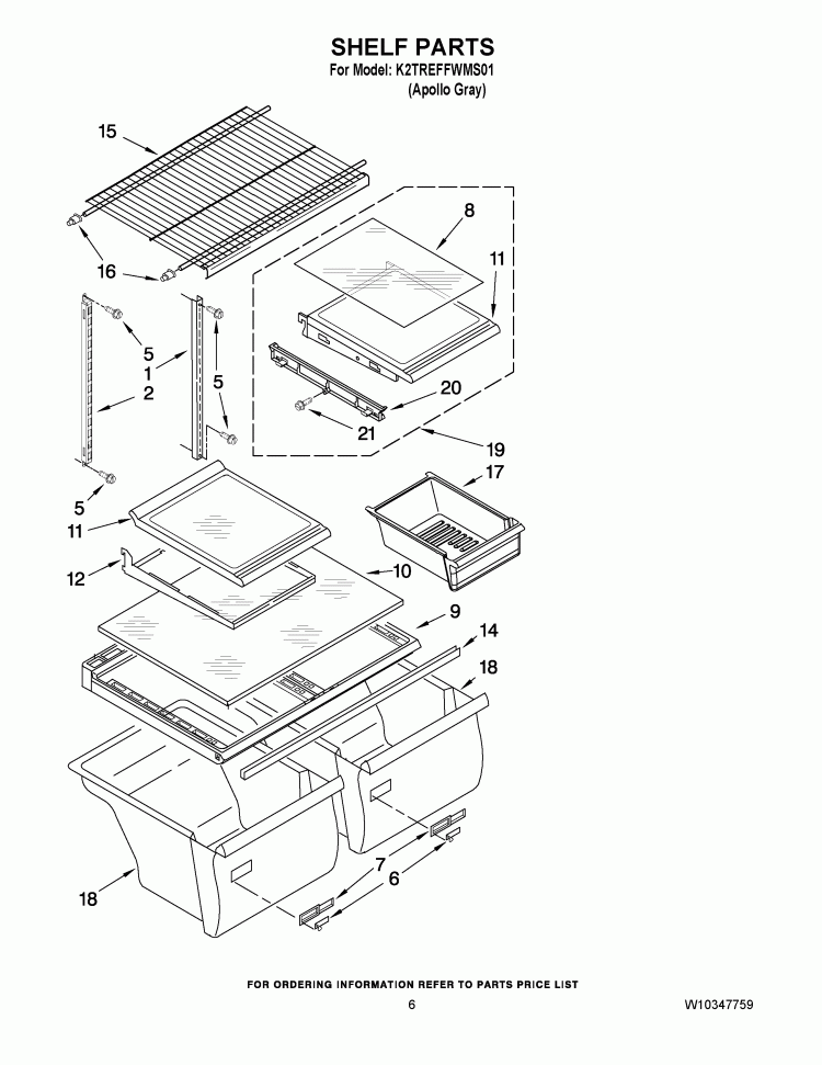 SHELF PARTS Diagram and Parts List for K2TREFFWMS01  KitchenAid Refrigerator