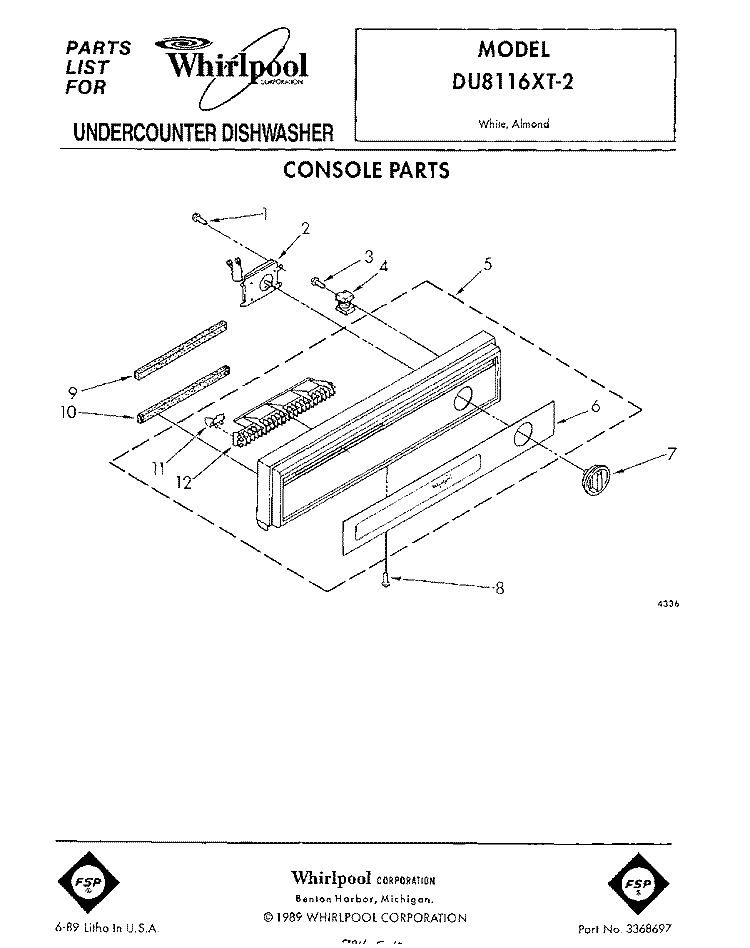 CONSOLE Diagram and Parts List for DU8116XT2  Whirlpool Dishwasher
