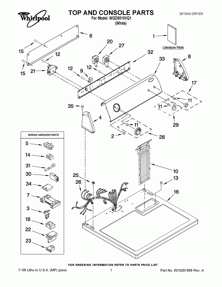 TOP AND CONSOLE PARTS Diagram and Parts List for WGD5510VQ1  Whirlpool Dryer