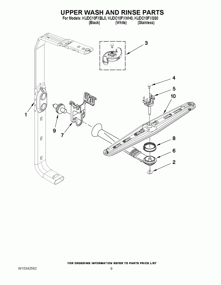 UPPER WASH AND RINSE PARTS Diagram and Parts List for KUDC10FXSS0  KitchenAid Dishwasher