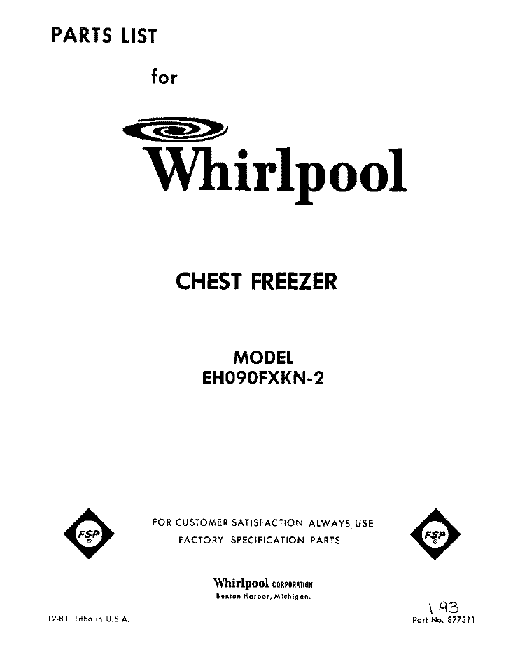 SECTION Diagram and Parts List for EH090FXKN2  Whirlpool Freezer