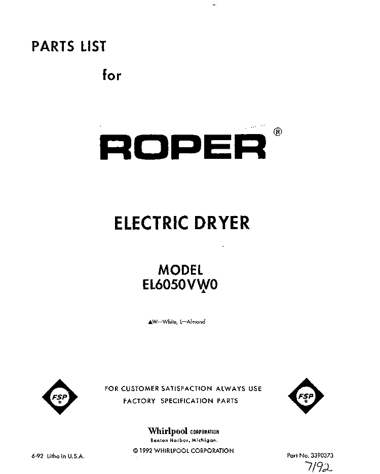 SECTION Diagram and Parts List for EL6050VW0  Roper Dryer