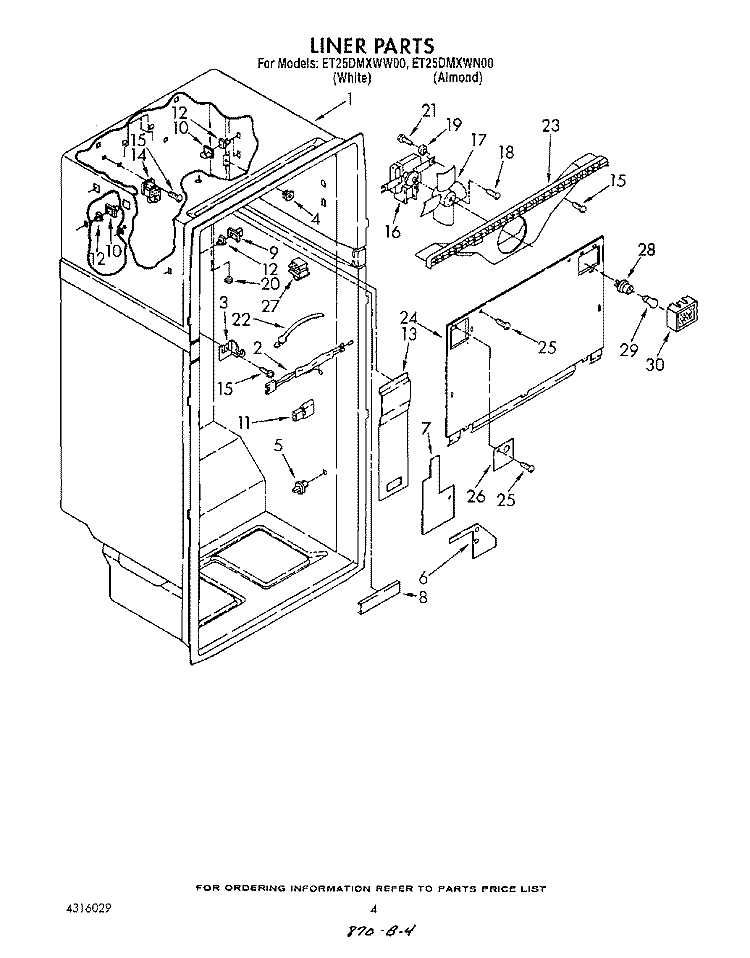 LINER Diagram and Parts List for ET25DMXWF00  Whirlpool Refrigerator
