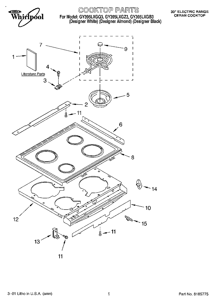 COOKTOP, LITERATURE Diagram and Parts List for GY395LXGB3  Whirlpool Range