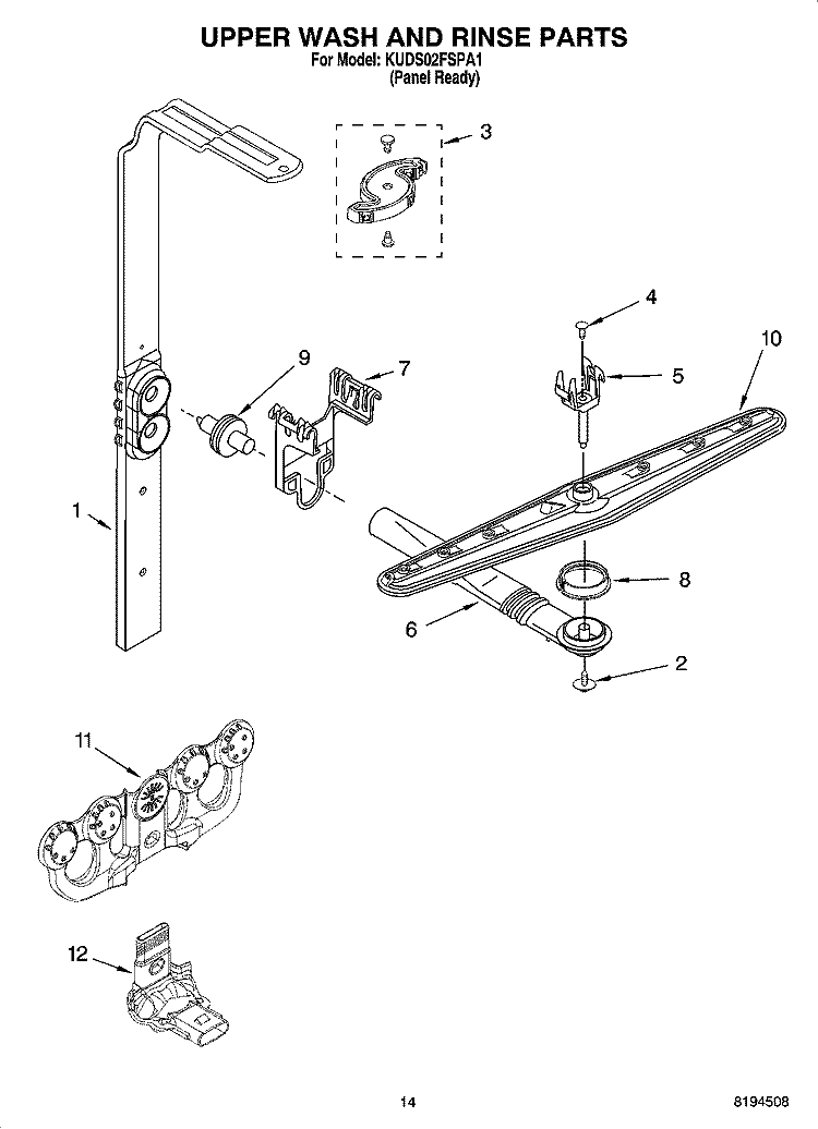 UPPER WASH AND RINSE PARTS Diagram and Parts List for KUDS02FSPA1  KitchenAid Dishwasher