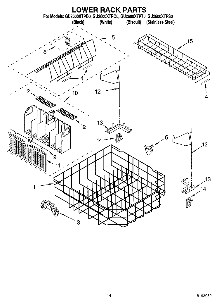 LOWER RACK PARTS Diagram and Parts List for GU2600XTPQ0  Whirlpool Dishwasher