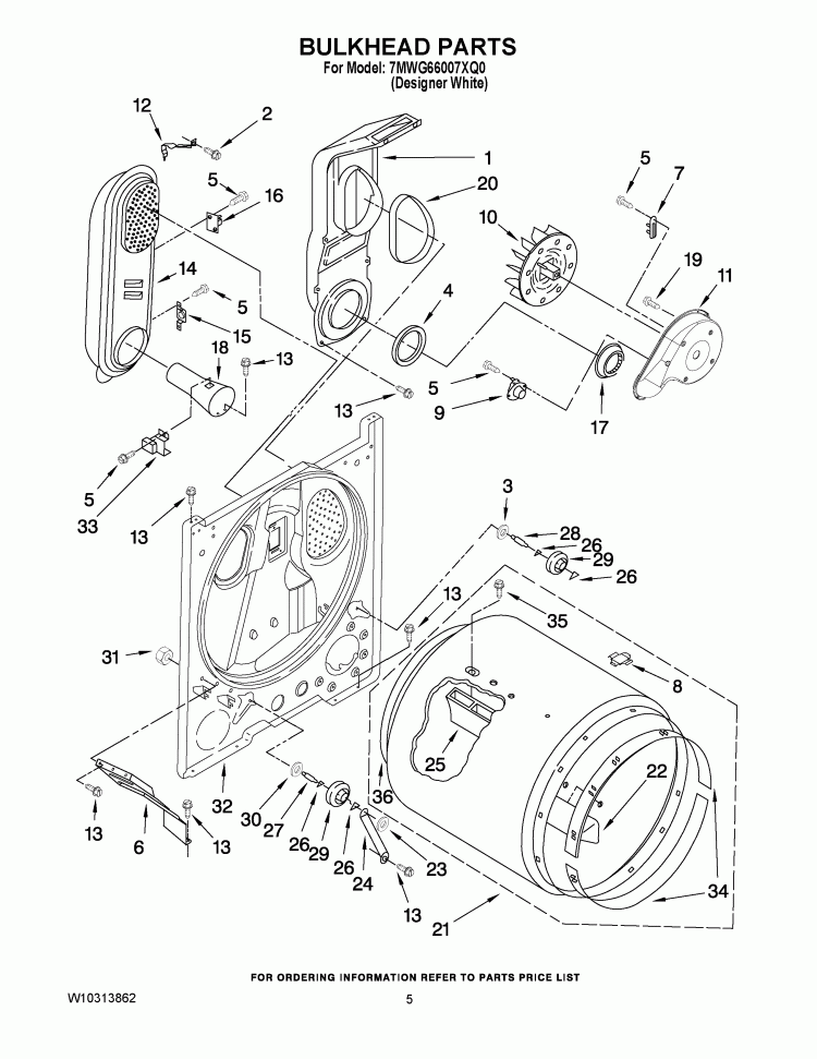 BULKHEAD PARTS Diagram and Parts List for 7MWG66007XQ0  Whirlpool Dryer