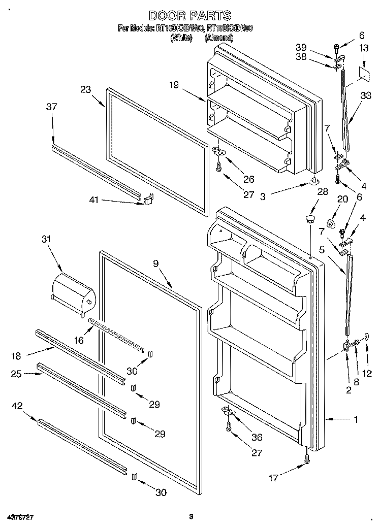 DOOR Diagram and Parts List for RT16DKXDW00  Roper Refrigerator