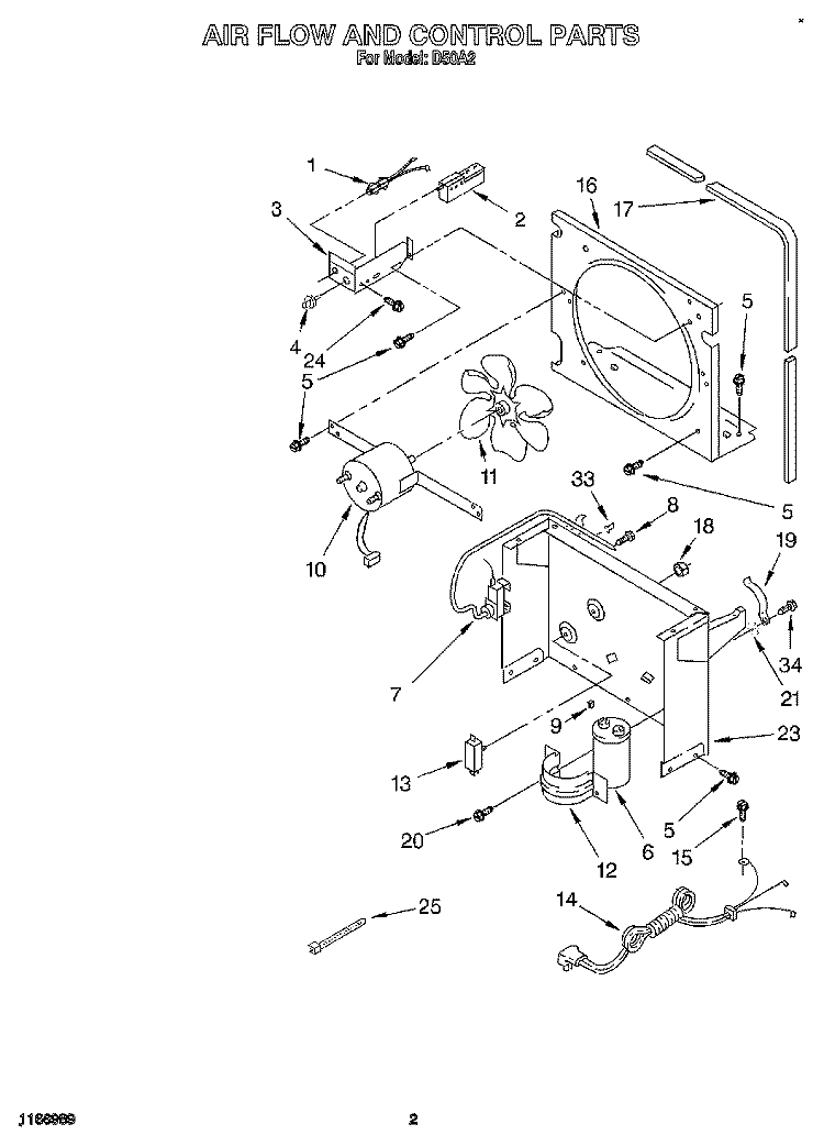 AIR FLOW AND CONTROL Diagram and Parts List for D50A2  Whirlpool Dehumidifier