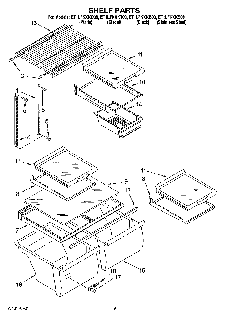 SHELF PARTS, OPTIONAL PARTS Diagram and Parts List for ET1LFKXKQ08  Whirlpool Refrigerator