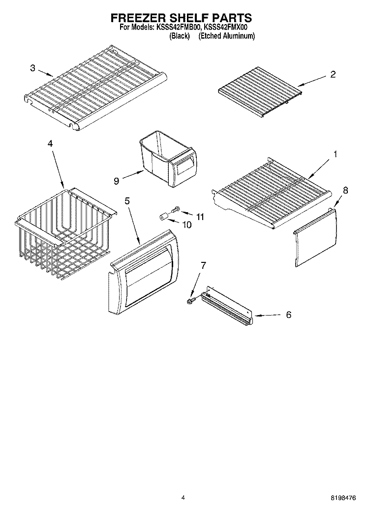 FREEZER SHELF PARTS Diagram and Parts List for KSSS42FMX00  KitchenAid Refrigerator