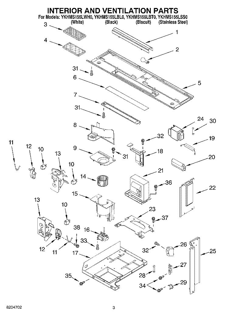 INTERIOR AND VENTILATION PARTS Diagram and Parts List for YKHMS155LBL0  KitchenAid Microwave