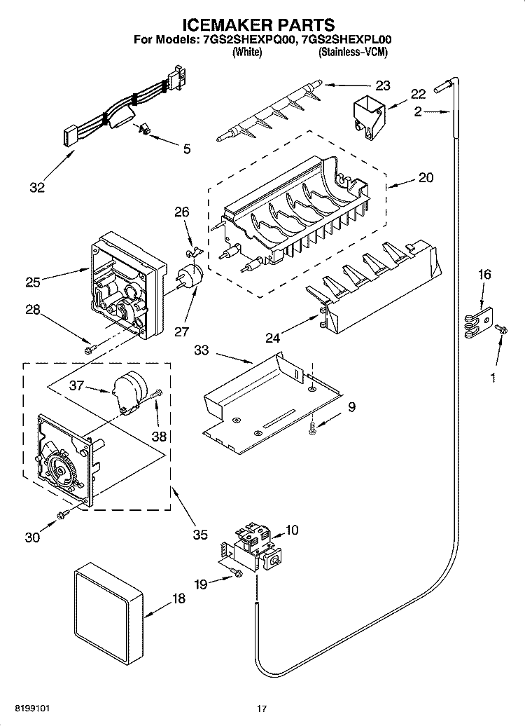 ICEMAKER PARTS Diagram and Parts List for 7GS2SHEXPQ00  Whirlpool Refrigerator