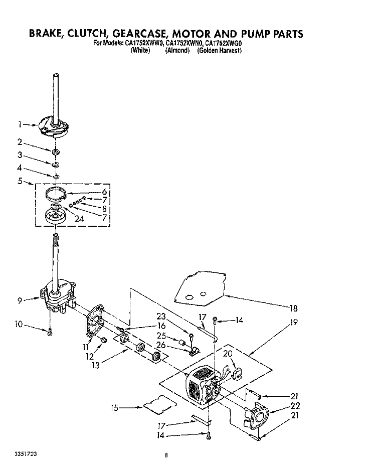 BRAKE, CLUTCH, GEARCASE, MOTOR & PUMP Diagram and Parts List for CA1752XWN0  Whirlpool Washer