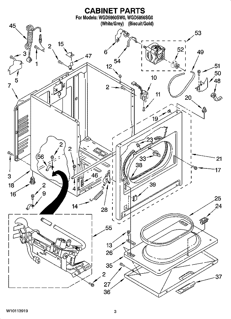 CABINET PARTS Diagram and Parts List for WGD5860SW0  Whirlpool Dryer