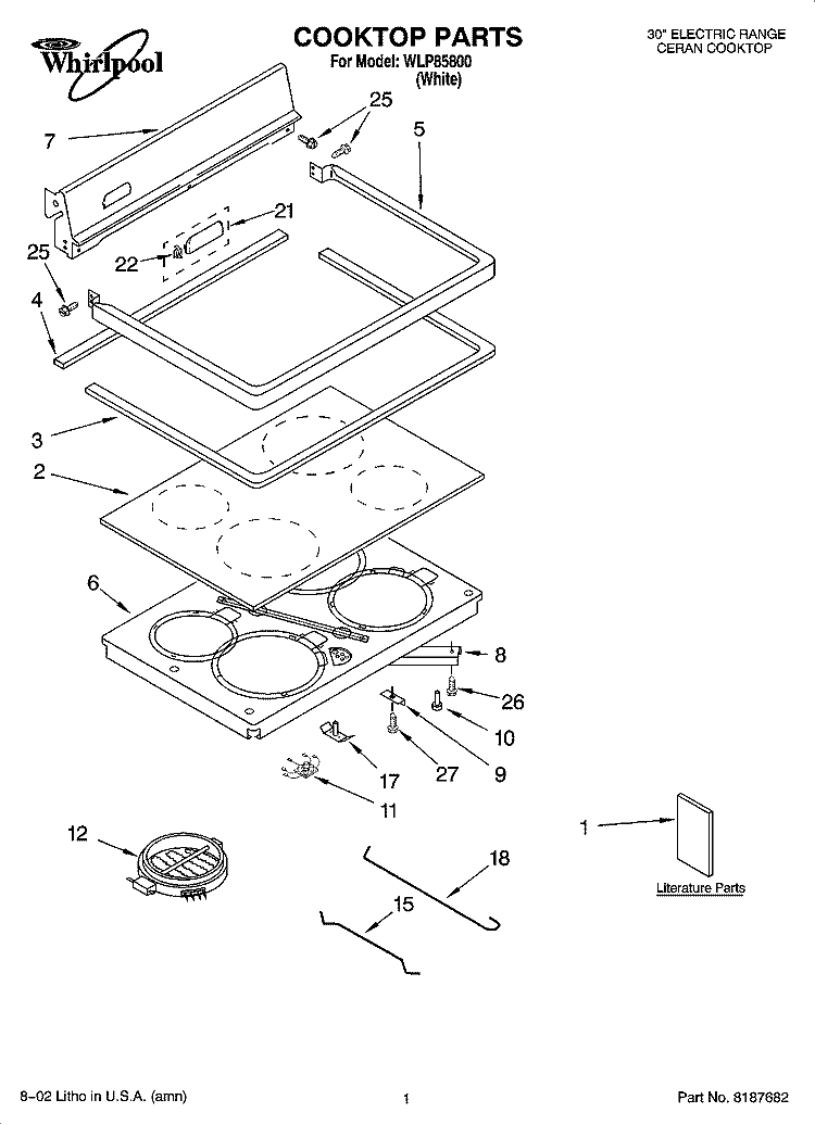 COOKTOP PARTS Diagram and Parts List for WLP85800  Whirlpool Range