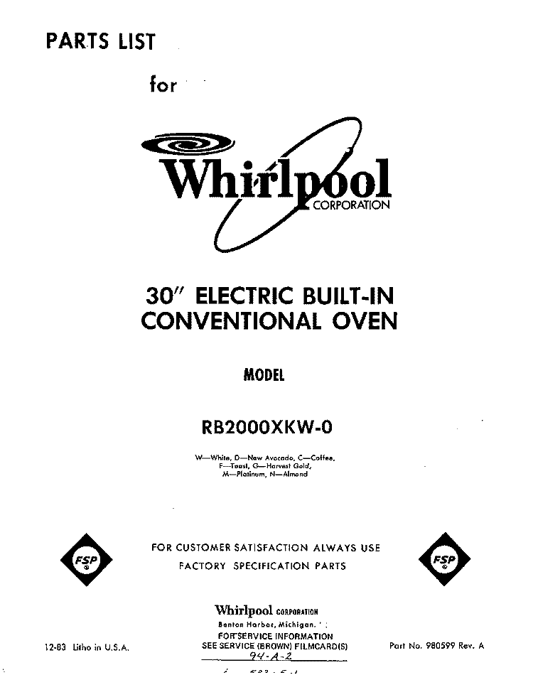 SECTION Diagram and Parts List for RB2000XKW0  Whirlpool Wall Oven