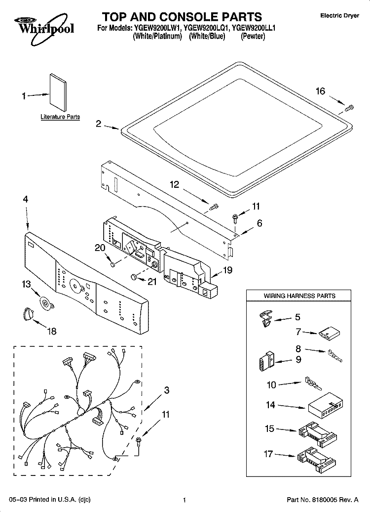 TOP AND CONSOLE PARTS Diagram and Parts List for YGEW9200LQ1  Whirlpool Dryer