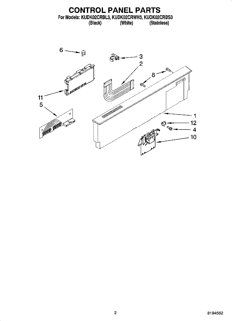 CONTROL PANEL PARTS Diagram and Parts List for KUDK02CRWH3  KitchenAid Dishwasher