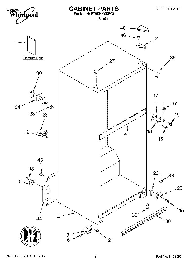 CABINET PARTS Diagram and Parts List for ET9CHKXKB03  Whirlpool Refrigerator