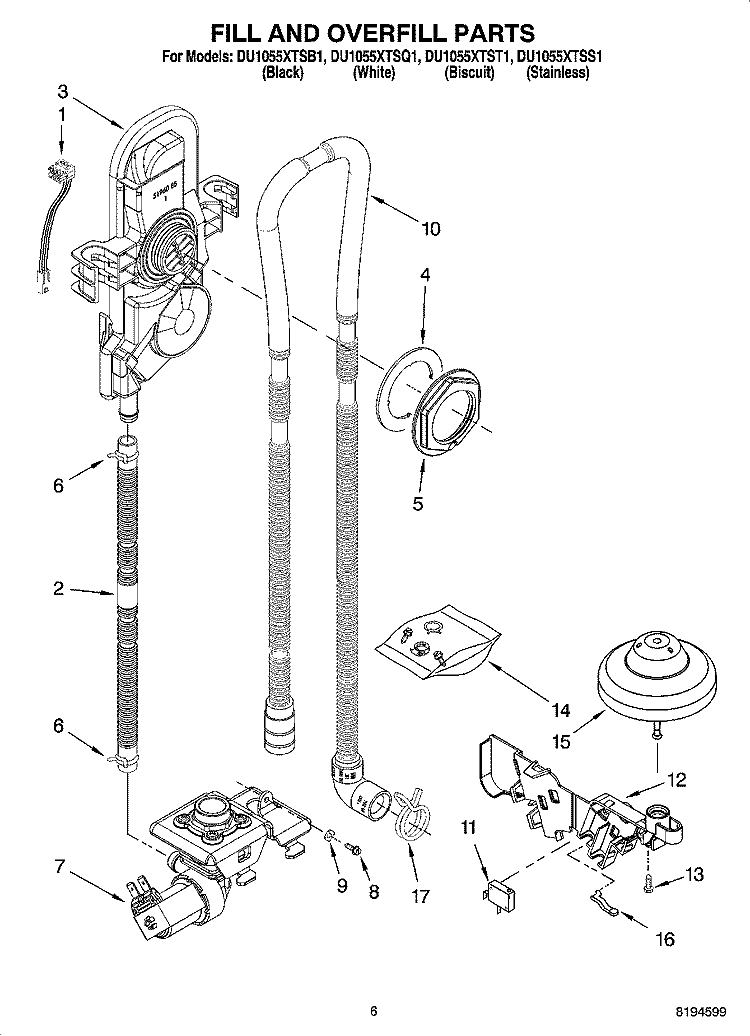 FILL AND OVERFILL PARTS Diagram and Parts List for DU1055XTSB1  Whirlpool Dishwasher