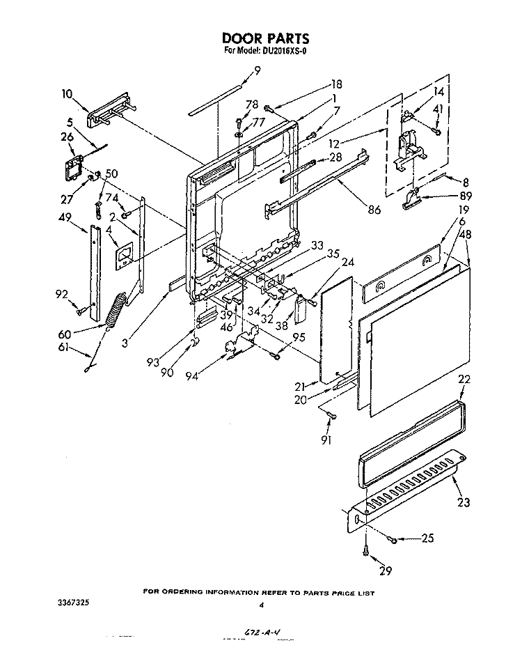 DOOR Diagram and Parts List for DU2016XS0  Whirlpool Dishwasher