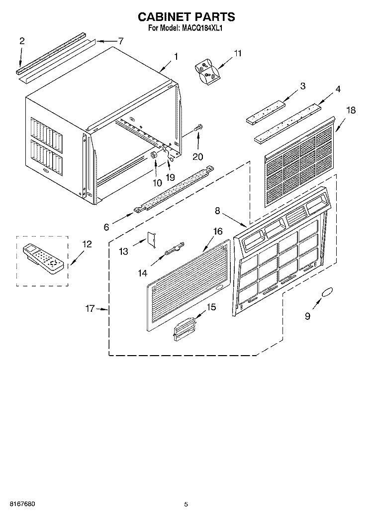 CABINET PARTS Diagram and Parts List for MACQ184XL1  Whirlpool Air Conditioner