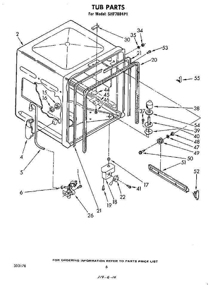 TUB , LITERATURE AND OPTIONAL Diagram and Parts List for SHF7884P1  Whirlpool Dishwasher