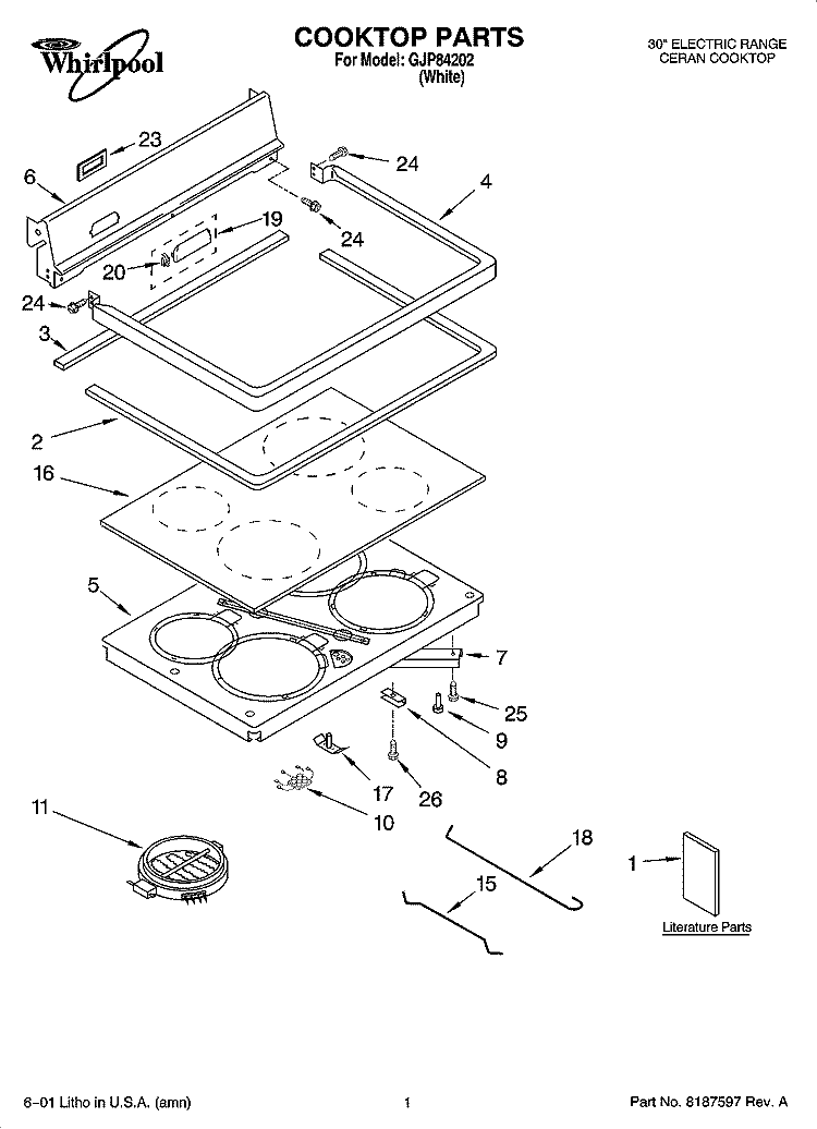 COOKTOP PARTS Diagram and Parts List for GJP84202  Whirlpool Range