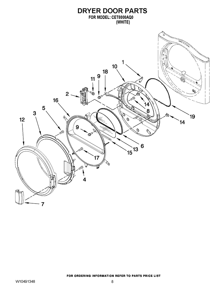 DRYER DOOR PARTS Diagram and Parts List for CET8000AQ0  Whirlpool Washer Dryer Combo