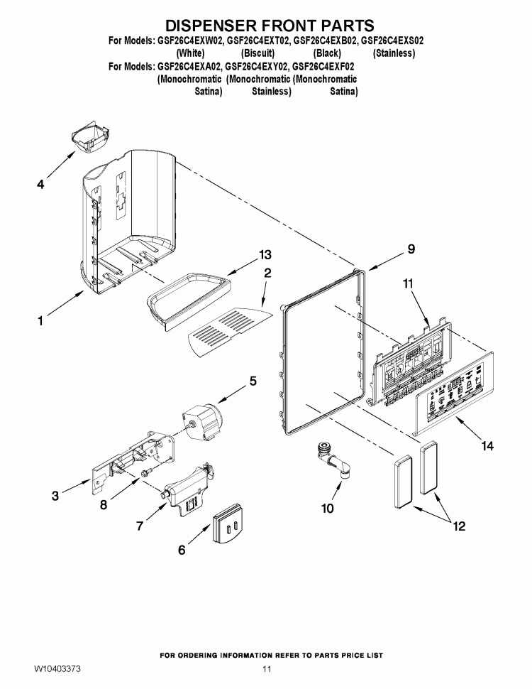 DISPENSER FRONT PARTS Diagram and Parts List for GSF26C4EXB02  Whirlpool Refrigerator
