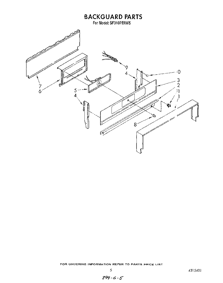BACK GUARD Diagram and Parts List for SF310PERW5  Whirlpool Range