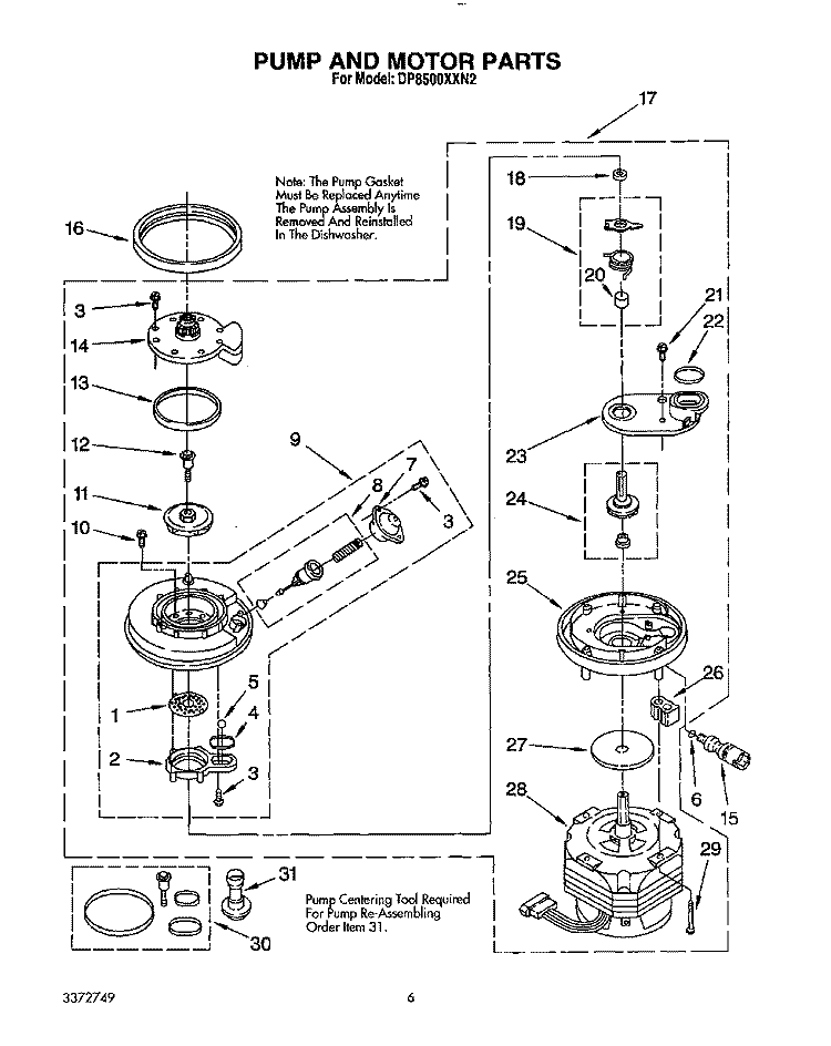 PUMP AND MOTOR Diagram and Parts List for DP8500XXN2  Whirlpool Dishwasher