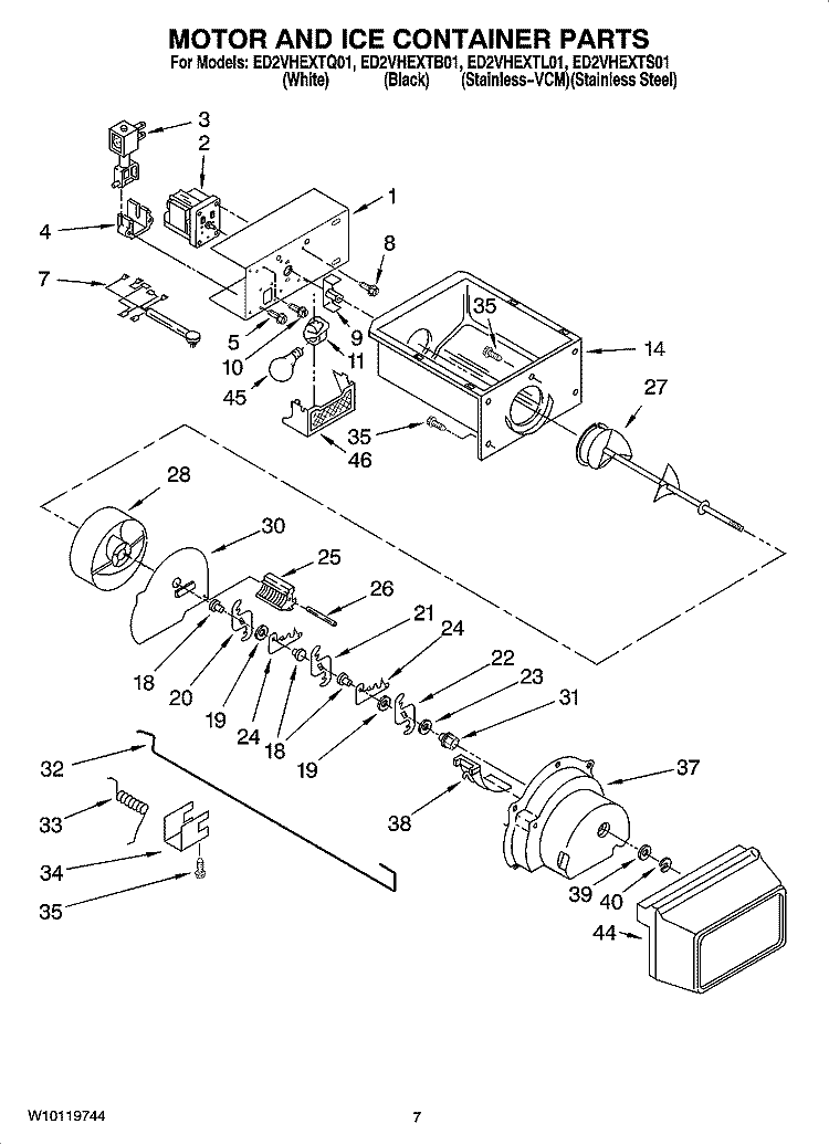 MOTOR AND ICE CONTAINER PARTS Diagram and Parts List for ED2VHEXTB01  Whirlpool Refrigerator