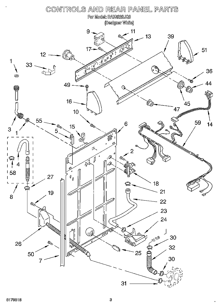 CONTROLS AND REAR PANEL Diagram and Parts List for RAX4232JQ0  Roper Washer