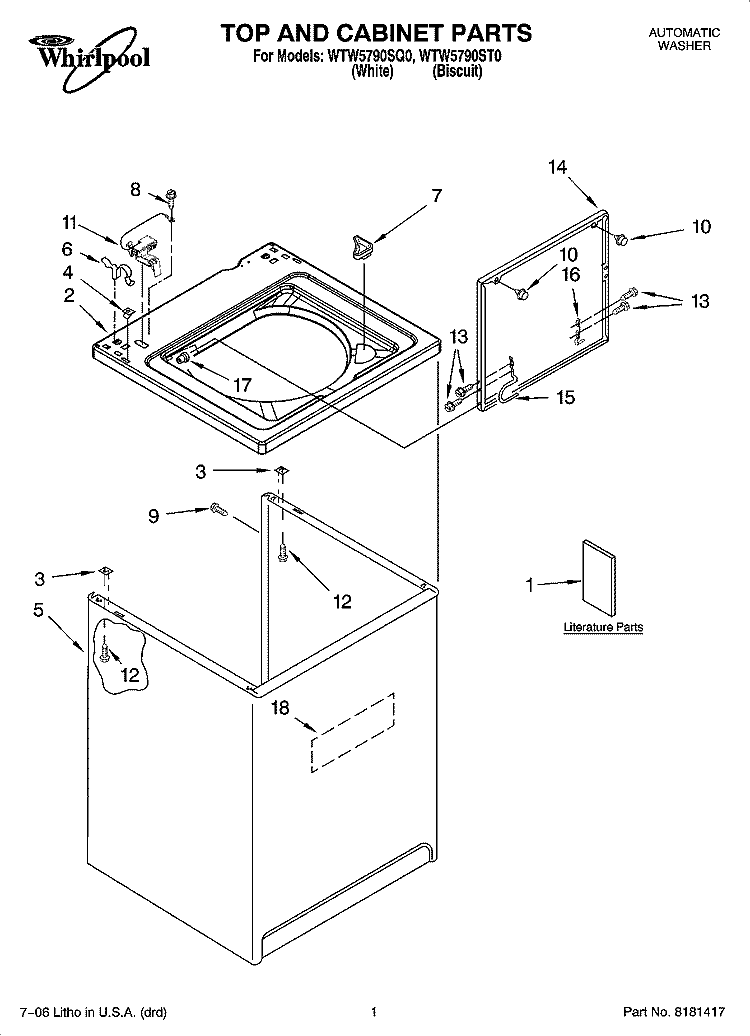 TOP AND CABINET PARTS Diagram and Parts List for WTW5790SQ0  Whirlpool Washer