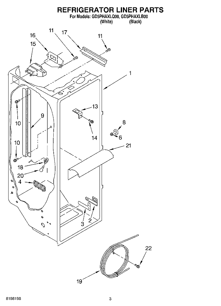 REFRIGERATOR LINER Diagram and Parts List for GD5PHAXLB00  Whirlpool Refrigerator