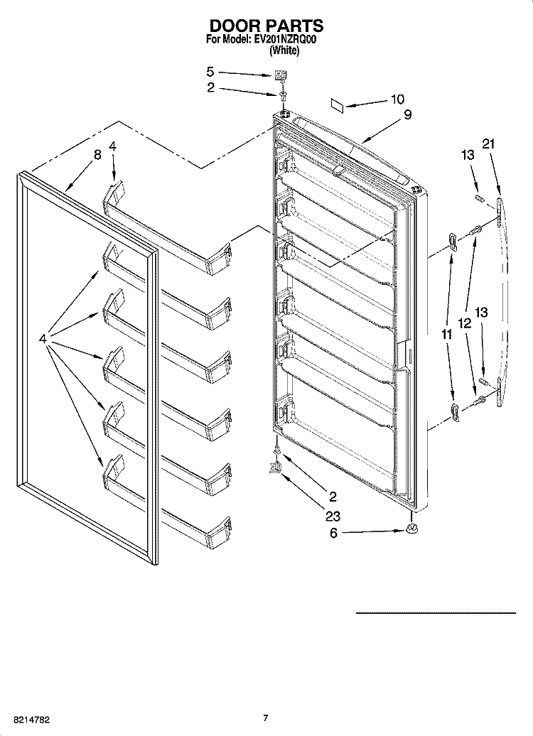 DOOR PARTS, OPTIONAL PARTS (NOT INCLUDED) Diagram and Parts List for EV201NZRQ00  Whirlpool Freezer