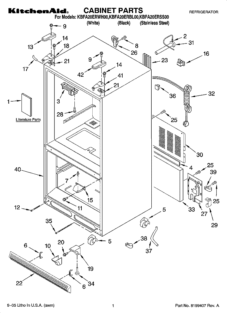 CABINET PARTS Diagram and Parts List for KBFA20ERWH00  KitchenAid Refrigerator