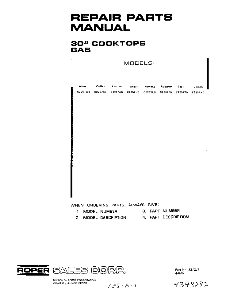 COVER Diagram and Parts List for C2257^0  Whirlpool Cooktop