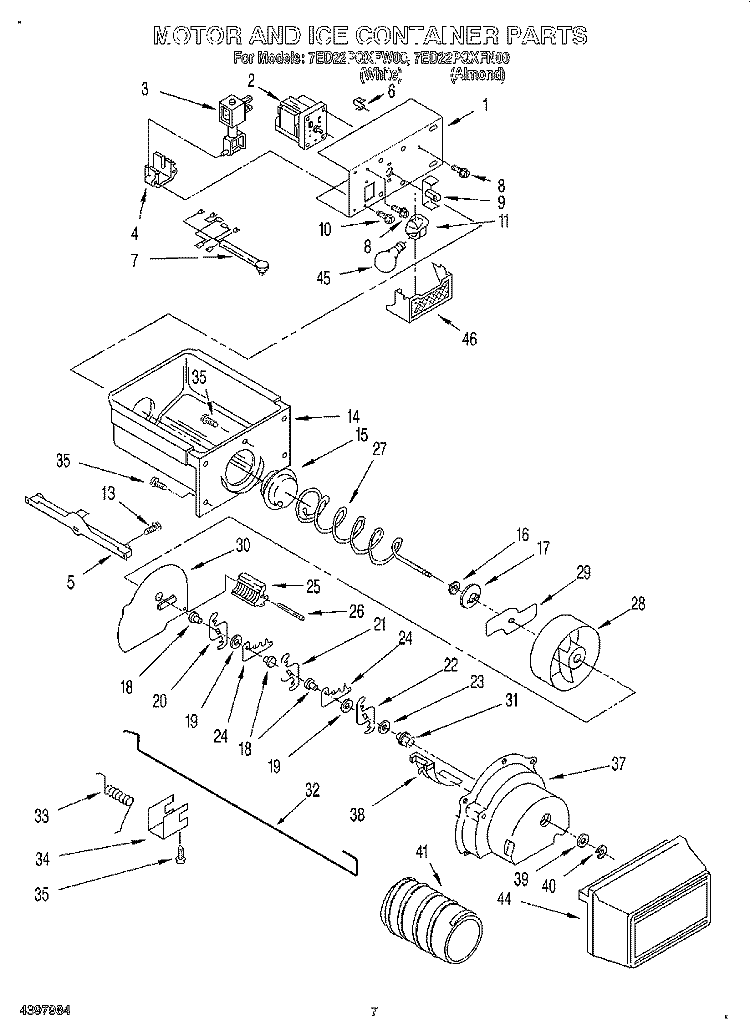 MOTOR AND ICE CONTAINER Diagram and Parts List for 7ED22PQXFW00  Whirlpool Refrigerator