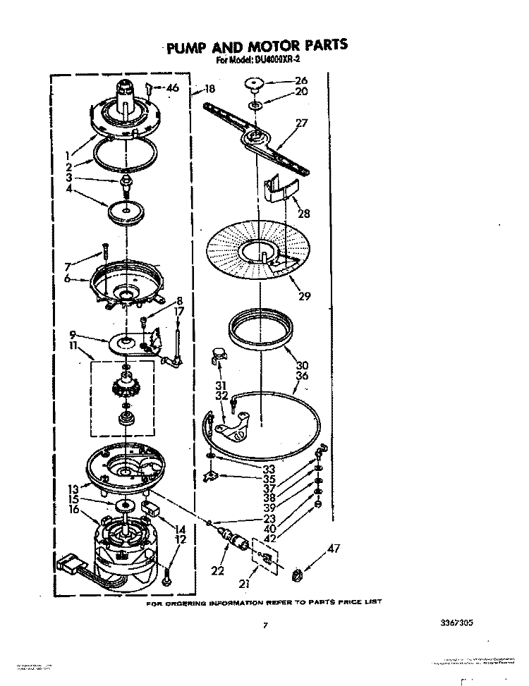 PUMP AND MOTOR Diagram and Parts List for DU4000XR2  Whirlpool Dishwasher