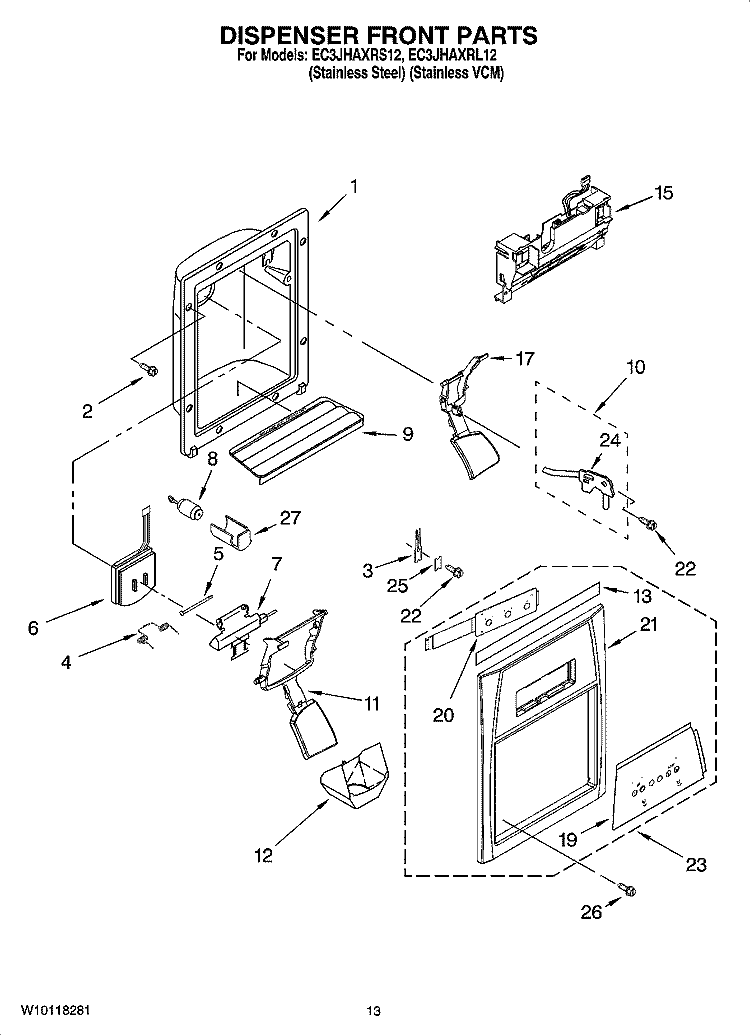 DISPENSER FRONT PARTS Diagram and Parts List for EC3JHAXRL12  Whirlpool Refrigerator